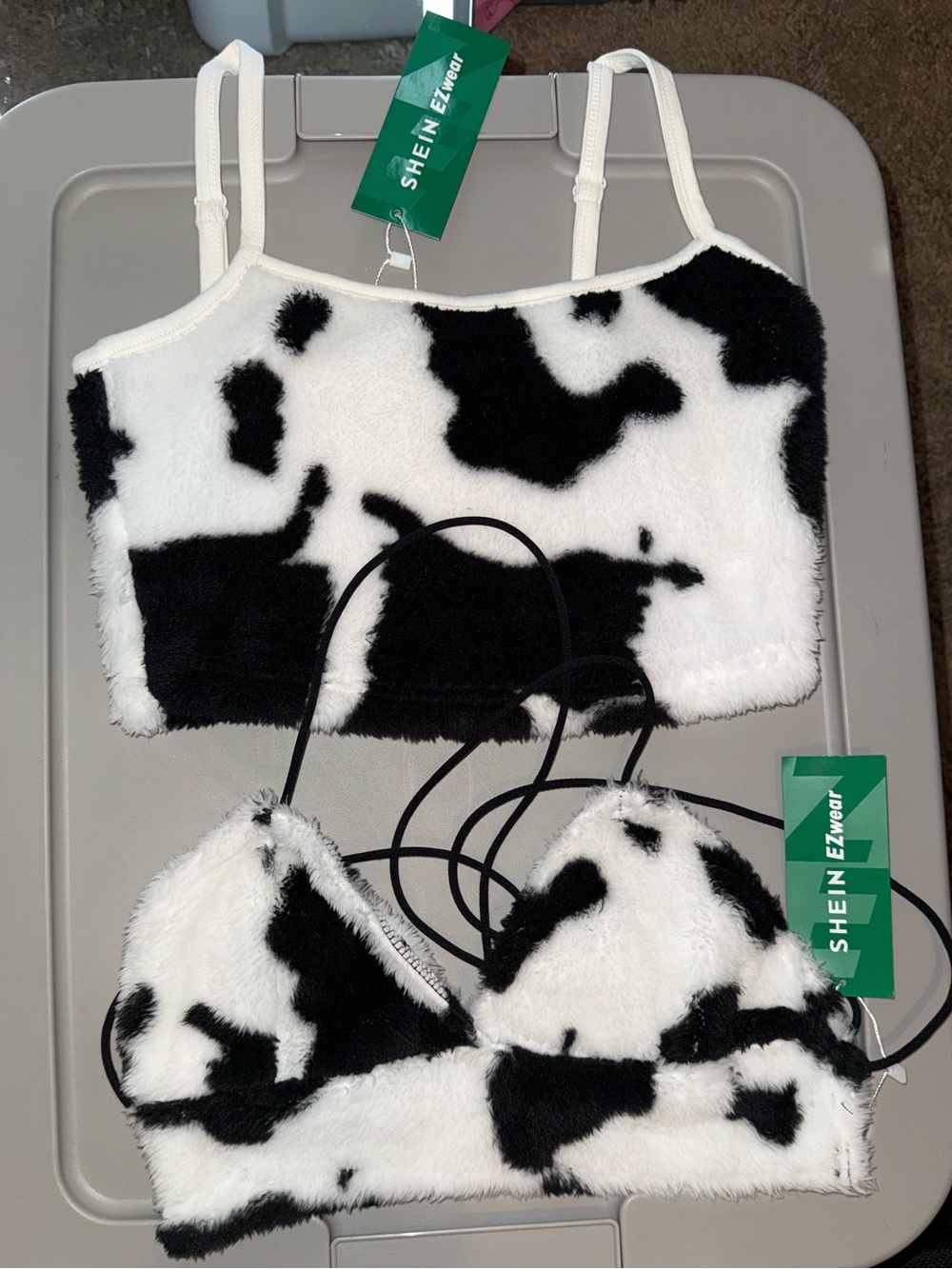 Black & White Cow Print Fuzzy Bralette Set twins bachelorette duo outfits